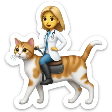 Female veterinarian riding a tabby cat sticker