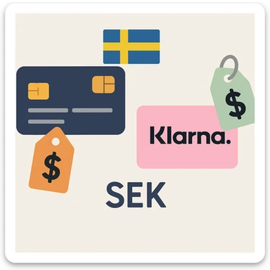 illustration showing a credit card with a high price tag or expensive symbol next to it, and a pink Klarna card with a lower price tag or savings symbol, representing that card payments are more expensive than Klarna in Sweden, include a small Swedish flag and SEK currency symbol, clear Swedish context sticker
