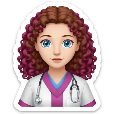 Nurse with long brown curly hair and blue eyes, burgundy tunic, white pants, pink shoes sticker