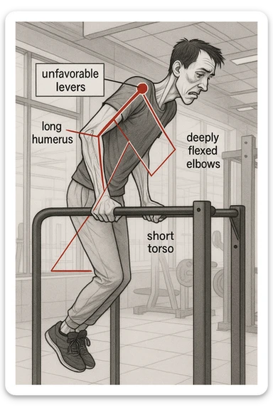 a tall, lean man with very long arms and a short torso attempts a dip on parallel bars. His elbows are deeply bent and his body appears awkwardly positioned, highlighting the mechanical disadvantage. An overlay shows anatomical lines and angles, with labels explaining “unfavorable levers.” The background is a modern gym, with a focus on biomechanics. sticker