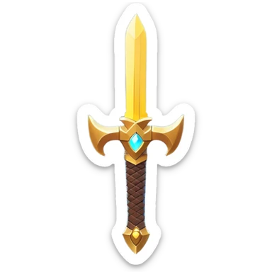 Clash of Clans aesthetic: Cinematic Playful Pixel 3D Sword Portrait Emoji, rendered in a 3D vector-style similar to standard emojis with minimal shading and bold, simplified shapes. A compact, distinct form with signature details, softly glowing with a pixelated adventure charm. Simplified yet unmistakably iconic, highly detailed and consistent, glowing with a soft radiance and high shine. Stylized with a touch of classic pixel-art charm and a soft glowing outline, capturing the essence of a beloved gaming relic with a friendly, playful manner! sticker