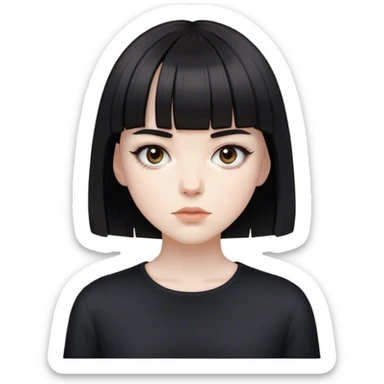 A white and pale girl with short black hair and fringe with light brown eyes looking like a porcelain doll with black clothes sticker