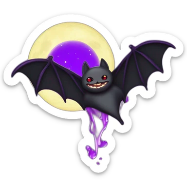 purple black vampire bat wings flying in front of large dripping crescent moon sticker