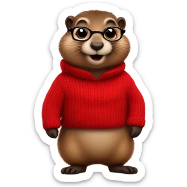 winking cute groundhog in a fully red sweater and glasses full body shown sticker