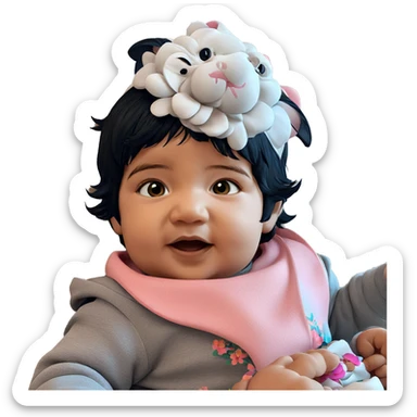 baby girl with cat and flower sticker