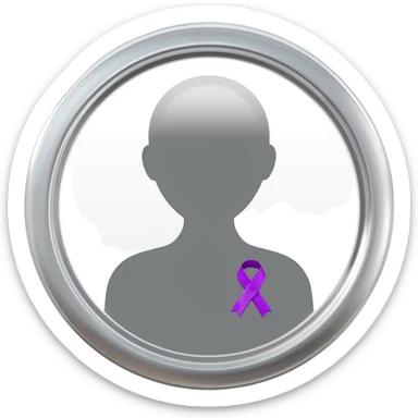Apple iOS–style 3D emoji: round silver mirror, front view. In reflection, neutral silhouette with little violet awareness ribbon (classic looped cause-support ribbon) on chest, only visible in reflection. White background, soft shadow. sticker