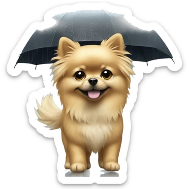 Blonde girl walking little pomeranian under the rain sticker