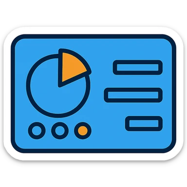 Refine the control panel icon with a fully transparent background. Keep the blue rounded rectangle, blue pie chart with a small orange slice, three small accent dots (mostly blue, one orange), and two blue horizontal lines on the right. Use almost exclusively blue shades with minimal orange accents, in a flat modern style. No opaque or colored background. sticker