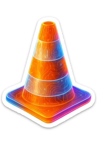 Transform the VLC cone icon into a cyberpunk, holographic style with glowing neon orange, blue, and pink edges. Add intricate circuit patterns throughout the entire icon while maintaining the recognizable orange and white cone shape and colors. Overlay neon and circuit effects in a futuristic, clean style consistent with cyberpunk glow and intricate circuit details. The background should be transparent. sticker