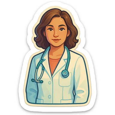female medical coat, front view, straight angle, looking at camera, retro stickers style, soft rounded shapes, clean contours, pastel palette, detailed shadows and highlights, modern illustration, transparent background sticker