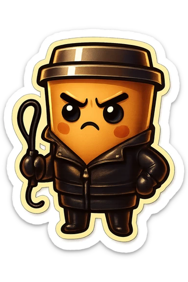 Tall coffee cup, dressed in leather holding a whipping crop, eyebrow furrowed sticker