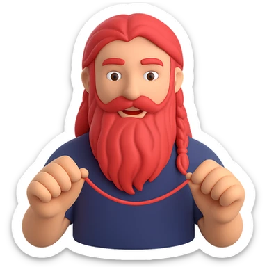 A man with a beard, long hair and a red thread in his hands, 3D emoji style sticker
