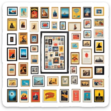 Icon for Photograph and Poster Collecting: a collection of photographs and movie posters, neatly displayed on a wall or in frames. The icon should evoke the nostalgia and artistic value of collecting rare images and posters. Transparent background. sticker