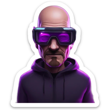 Walter White wearing a black hoodie with "OMG" letters on it and VR headset in a cyberpunk VR environment with violet neon lighting. sticker