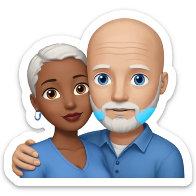 Talk bald white man with a white beard and blue eyes lovingly holding a black woman with brown eyes and grey hair sticker