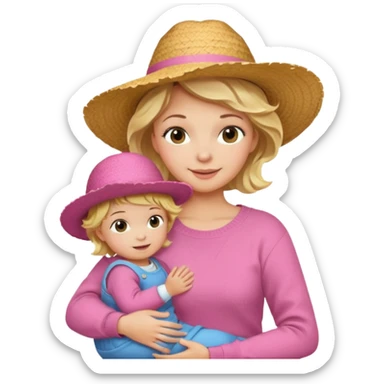 A cheerful wavy short blond hair mom in a straw hat carrying her child, wearing a pink sweater sticker