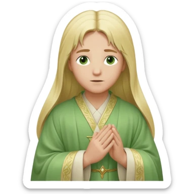a young bishop, green eyes, long blonde hair, light green wide, flowing outer robe. hands clasped together, gazing thoughtfully. Soft light, subtle fern. Waist-up, profile. sticker