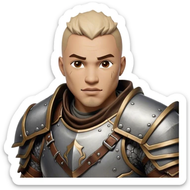Cinematic Realistic WoW Human Warrior Portrait, head tilted dramatically with an exaggeratedly amused expression, blending rugged heroism with a hint of lighthearted charm. His chiseled face, framed by meticulously rendered steel armor and leather accents in consistent greys and bronzes, is brought to life with dynamic lighting and high shine, dramatic yet whimsical, capturing the essence of a warrior whose epic might is coupled with an approachable, playful demeanor. sticker