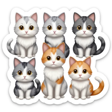 6 realistic looking cats with different natural coloured coats, assorted grey and white, greys, calico, brown and white colours etc
 sticker
