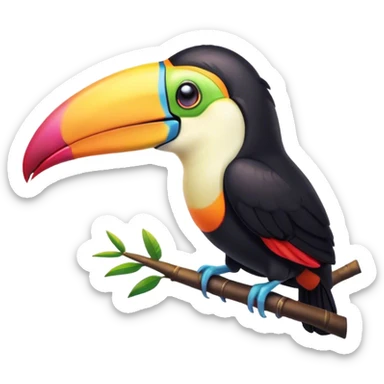 Cinematic Cute Toucan Portrait Emoji, Head tilted playfully and inquisitively, with a delightfully vibrant beak and round, sparkling eyes filled with tropical charm, Simplified yet irresistibly adorable features, highly detailed, glowing with a warm, inviting tropical glow, high shine, affectionate and lively, stylized with a touch of whimsical exotic flair, soft glowing outline, capturing the essence of a mischievous yet loving toucan that seems as if it could flutter out of the screen into your arms! sticker