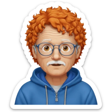 old man, orange curly hair, no mustache, wearing glasses, long face, wearing a blue hoodie sticker
