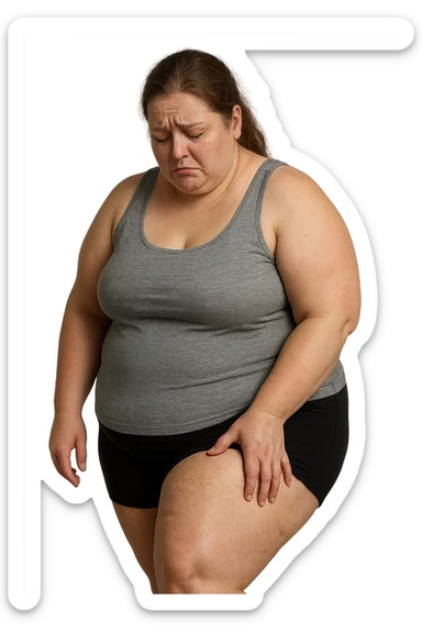 donna grassa che si tocca la coscia con espressione triste, IPERREALISTICA 4K sticker