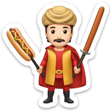 Middle aged attractive man wearing a hot dog costume wielding a katana sticker