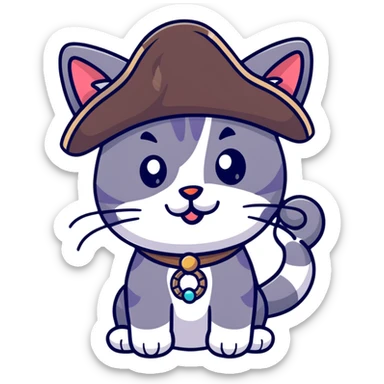 pirate cat with tricorn hat, beads in fur, mischievous expression sticker