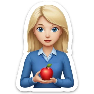 blonde hair blue eyes teacher female with one apple and chalkboard sticker