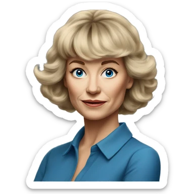 Medium length Dirty blonde poufy hair with bangs all across forehead and sides swept away from face woman of 60 with blue eyes  sticker