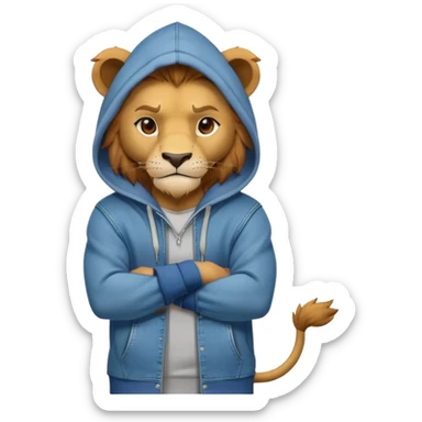 determined anthropomorphised lion in a hoodie and jeans with arms folded, energetic pose sticker