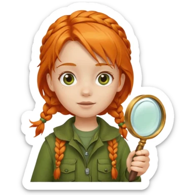 braid orange haired girl kid in moss green explorer outfit, holding magnifying glass sticker