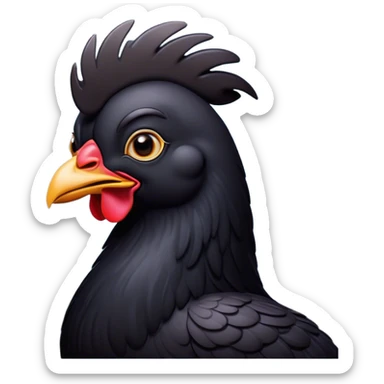 Cinematic Noble Black Chicken Portrait Emoji, Poised and regal, with a compact, sturdy build and a glossy, well-groomed pure black plumage, deep-set soulful beady eyes, Simplified yet sharp and sophisticated features, highly detailed, glowing with a soft, dignified glow, high shine, intelligent and alert, stylized with an air of mysterious elegance, focused and attentive, soft glowing outline, capturing the essence of a watchful and confident fowl, so majestic it feels as though it could strut out of the screen with effortless authority! sticker