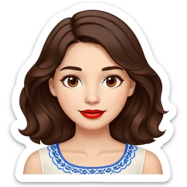 Enthusiastic woman with healthy glowing skin, round cheeks, warm smile, expressive light brown eyes, red lipstick, wavy dark brown shoulder-length hair, summery white top with blue embroidery and electric blue neckline sticker