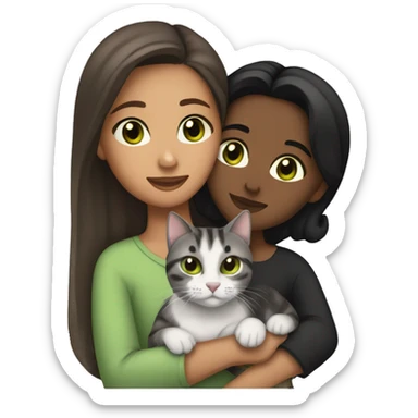 (brownskin girl with brown eyes and black hair) cuddling (one gray tabby cat with green eyes) sticker