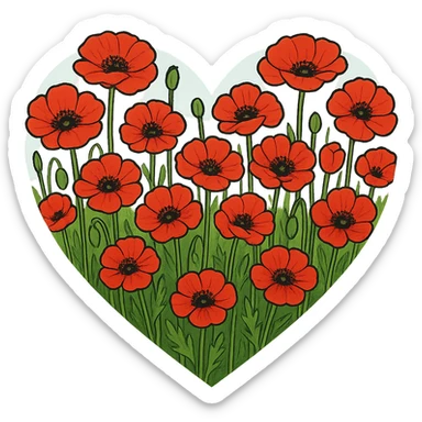heart with a field of wild poppies, clean digital illustration, no background sticker