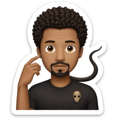 Homme noir de peau,  yeux marron avec un bouc pas de  moustache, cheveux noir court et bouclé crépus avec un dégradé sur le côté, avec un cobra à côté , t-shirt noir  sticker