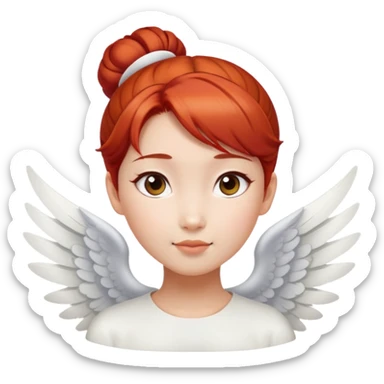 Asian angel with red hair in bun, oval face, and white wings sticker