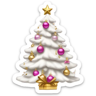 White Christmas tree with pink ornaments  and gold bows￼ sticker