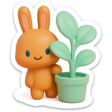 cinnamon bunny peeking behind a plant, vinyl figure style sticker