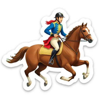 An icon showcasing a majestic horse and rider in full gallop across a lush green field. The background features a clear sky, distant mountains, and a vibrant landscape. The rider wears traditional gear, while the horse leaps with grace and power.  sticker