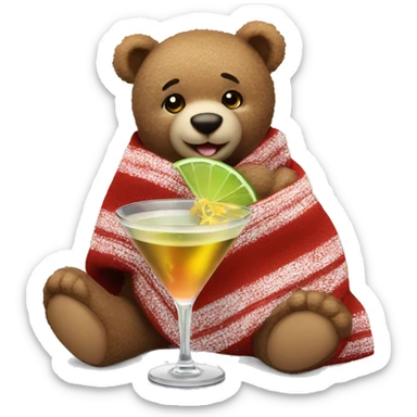 a Christmas teddy happy bear wrapped in a blanket drinks martini  sticker