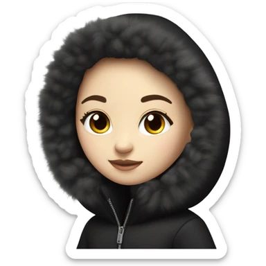 White skinned girl wearing a black puff coat with a black fur hood sticker