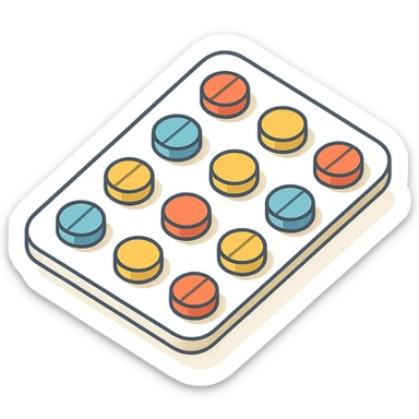 blister pack with multicolored pills, 2D isometric style, soft rounded shapes, clean contours, pastel palette, detailed shadows and highlights, modern illustration sticker