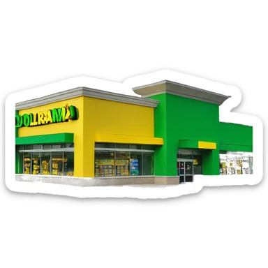 “Exterior of a Dollarama store with the bright green facade, bold yellow Dollarama sign, large front windows, and entrance doors, capturing the look of a budget-friendly retail store.” sticker