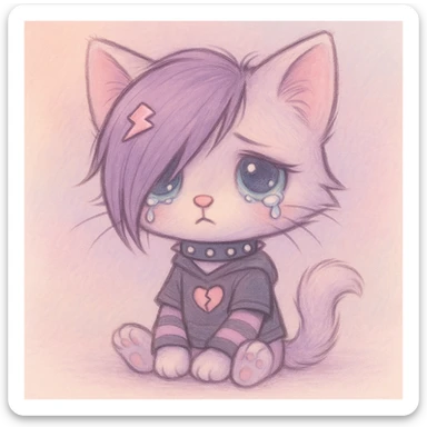 pastel toon style emo kitty with soft colors, teary eyes, emo fashion sticker