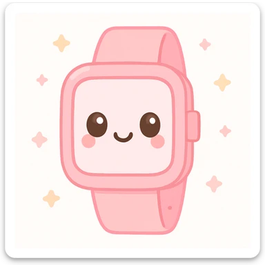 pink smart watch, kawaii style, cute with a smiling face sticker