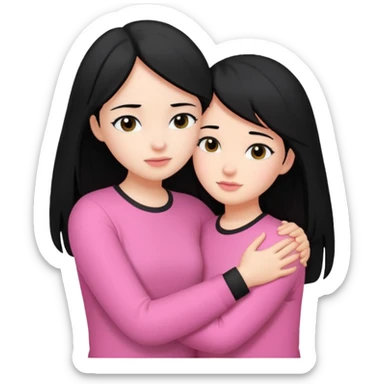 Two girls with black hair, one wearing white shirt and the other wears pink shirt, hugging each other romantically  sticker