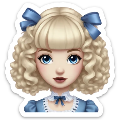 pale woman with blonde curly hair and bangs, pink lips and eyeshadow, long eyelashes, blue eyes, blue Lolita dress with laces and ribbons, gothic Lolita doll look sticker