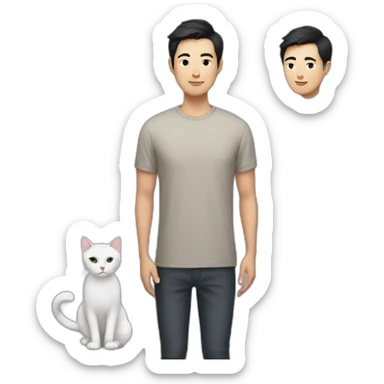 Beautiful Asian man with short black hair and tall with a cat sticker